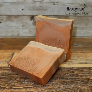 Toasted Dreamsicle handmade Hand & Body Soap with a rustic orange and cream swirl design, placed on a wooden surface, created by Catherine Noel.